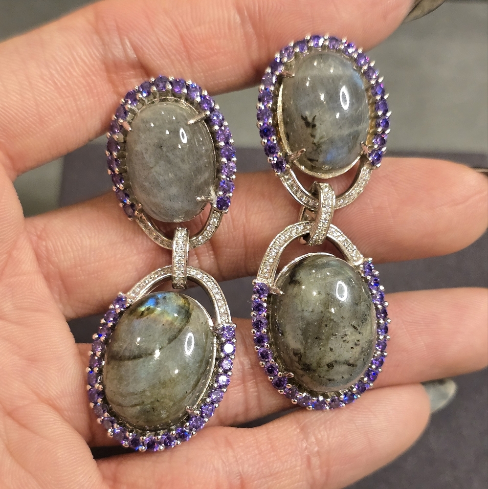 Labradorite and African amethyst drop earrings, sterling silver, omega back.